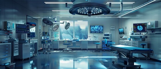 A modern hospital operating room with advanced medical equipment, shiny floors, and a professional atmosphere. Central surgical table, monitors, medical cabinet, and a machine with dials.