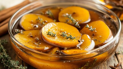 Quince fruit submerged in amber-colored syrup, displayed with thyme sprigs and cinnamon sticks in...