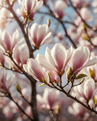 Delicate light spring floral blur background with magnolias.	Celebrating of springtime.