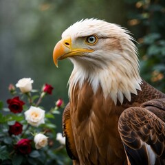 Obraz premium A majestic artistic portrait of a graciously posed Canadian golden eagle set against a serene natural background, amidst a delicate scatter of white and crimson roses.