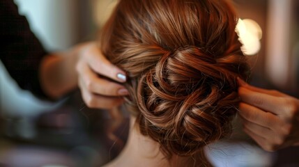 Fototapeta premium A woman gets her hair styled, possibly for a wedding. The stylist creates an intricate braid updo with care and professionalism, conveying warmth and anticipation for the upcoming event.