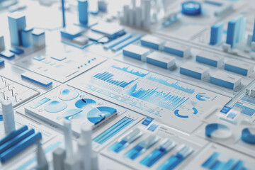 Fototapeta premium Evaluation insights, bar charts, blue and white, ing, informative and detailed.