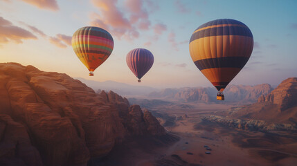 Obraz premium Colorful hot air balloons flying over AlUla valley, towering sandstone cliffs and stunning natural formations, morning sky with orange and purple hues, Ai generated images