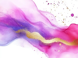 Fototapeta premium Abstract watercolor painting with vibrant pink and purple hues blending with gold accents on a white background.