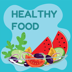 The plate is full of vegetables and fruits. Healthy food. Vector illustration. Vegan day