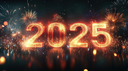 3D New Year Banner with Metallic Elements and Fireworks