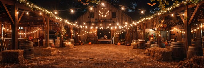 Warm string lights illuminate a rustic wooden structure at night.