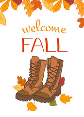 autumn illustration of pair of brown boots surrounded by colorful fall leaves and the text 