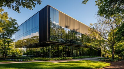 Fototapeta premium A contemporary office building with reflective glass windows and lush green trees surrounding it, basking in sunlight 