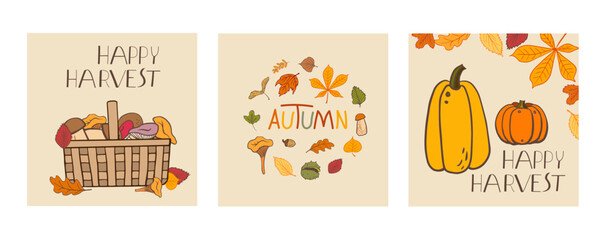 Autumn postcards with harvest baskets, pumpkins, and colorful leaves. Perfect for seasonal greetings, home decor, or fall invitations. Rich in earthy tones, they evoke warmth and coziness.