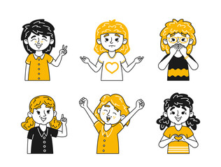 Cute Doodle Kids Characters Illustrating Various Emotions In Childlike Expressions, Showing Joy, Anger, Surprise or Love