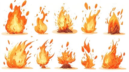 Collection of fiery illustrations showing various fire shapes and flames, isolated with a white background.