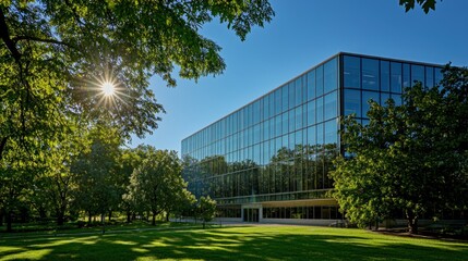 Obraz premium A contemporary office building with reflective glass windows and lush green trees surrounding it, basking in sunlight 