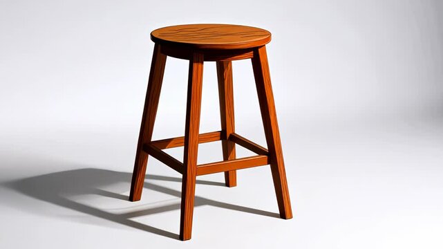 A wooden stool sits on a white background