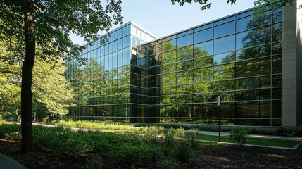 Obraz premium A contemporary office building with reflective glass windows and lush green trees surrounding it, basking in sunlight 
