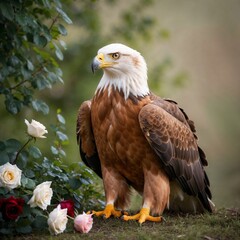 Obraz premium A majestic artistic portrait of a graciously posed Canadian golden eagle set against a serene natural background, amidst a delicate scatter of white and crimson roses.