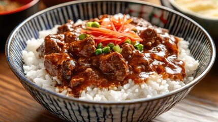 Savory Beef Dish on White Rice with Toppings