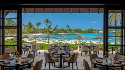 Beachfront Restaurant with Ocean View and Palm Trees..
