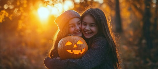 Naklejka premium Two happy smiling girls embracing shining carved Halloween pumpkin in the autumn forest during sunset. Concept of happiness