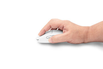 Side view of hand using  white wireless gaming mouse on white background. while working on computer, play game.