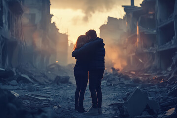 A tender embrace between two people amidst a backdrop of destruction and chaos, symbolizing hope and resilience in a devastated landscape.
