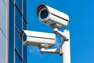 Two CCTV security cameras mounted on a pole against a blue sky.