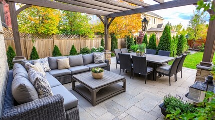 Fototapeta premium A luxurious backyard patio featuring a sectional outdoor sofa and a large dining table under a pergola.