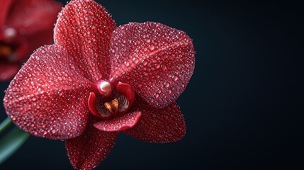 Close up of a Vibrant Red Orchid with Dew Drops on Petals