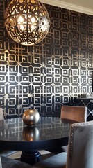 A stylish dining room featuring geometric wallpaper, a round table, and a decorative light fixture, creating a luxurious ambiance.