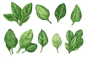 Various green spinach leaves, isolated on a white background.