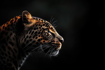 Fototapeta premium A fierce leopard stares into the distance, its sharp expression illuminated against a dark backdrop