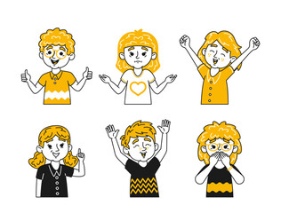 Doodle Children Display A Range Of Emotions From Happiness To Sadness And Surprise. Kids Features Facial Expressions