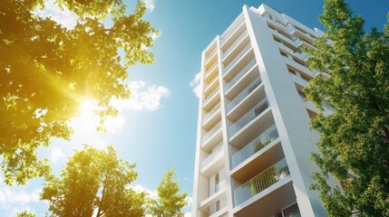 Modern Apartment Building with Green Trees and Blue Sky