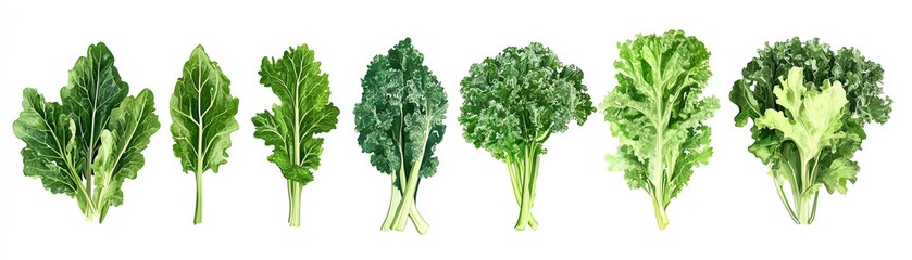 Various types of leafy greens arranged in a line, white isolated background