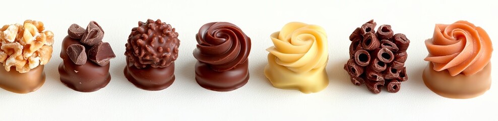 Fototapeta premium hyper realistic photo of Set of different delicious chocolate curls and pieces on white background , copy space, copy space for text,