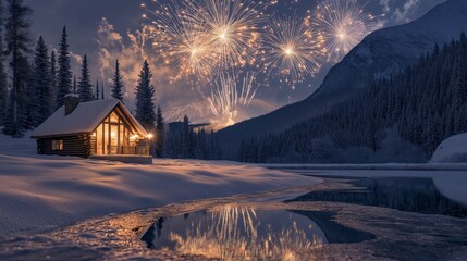 A cozy cabin nestled in a winter landscape, with soft light glowing from the windows and a grand display of fireworks in the sky, reflecting off the snowy ground and trees around it.