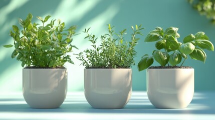 Obraz premium Three potted herbs with green leaves on a blue background