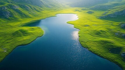 Serene Aerial View of Lush Green Grassland and Water