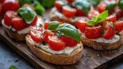 Delicious Bruschetta Appetizer with Cherry Tomatoes Basil and Cream Cheese