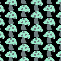 Abstract Retro autumn Seamless mushroom pattern with little circles in cartoon style.  design for wrapping paper and fabrics and linens and kids clothes print and party accessories. black background.