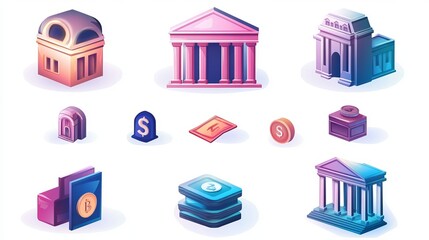 A design set of bank interest icons, featuring various symbols related to interest rates and banking. The collection may include icons such as a bank building