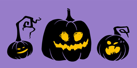 Halloween illustration of three abstract jack-o'-lanterns with glowing yellow faces on a purple background. Ideal for spooky-themed invitations, seasonal decor, or party decorations.