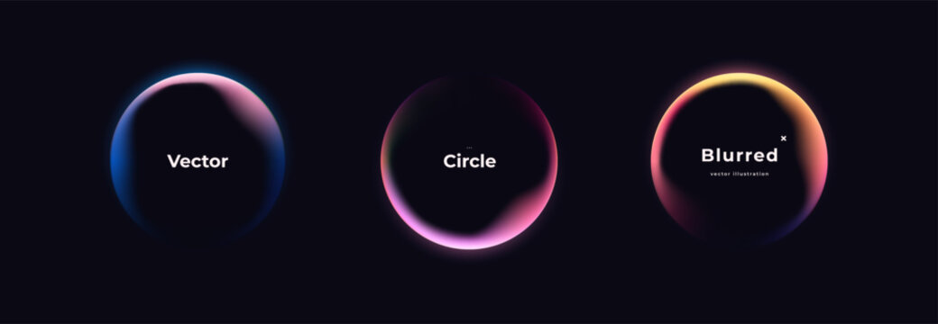 Abstract circle shapes with gradient isolated on black background. Vector set. Fluid vivid gradients for banners. Modern trendy design. Liquid shape. Colorful bright neon template. Dynamic soft color.