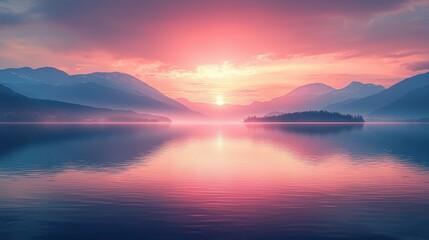 Obraz premium Serene Sunset Landscape with Mountains and Lake Reflection