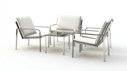Fototapeta premium A modern metal patio furniture set, isolated on a white backdrop, perfect for e-commerce display.