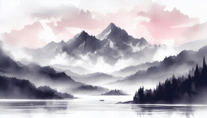 Fototapeta premium Scenic mountains and stunning scenery. Illustration of a nature in a blurred watercolor grunge style with splashes, smudges and noises. Beautiful mountains of serene landscape.