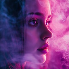 Fototapeta premium A striking close-up of a woman's face enveloped in purple smoke, highlighting intrigue and mystery with a modern twist.
