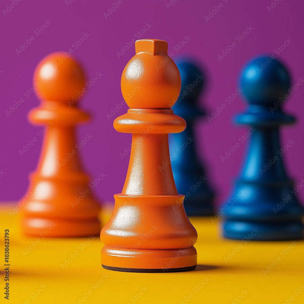 Wall mural an orange chess king stands boldly against colorful blurred pawns, representing strategy and leaders