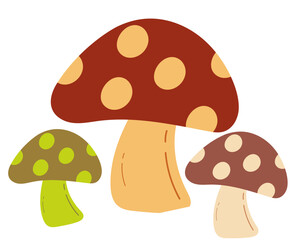 Mushrooms drawings vector art , fall concept. Mushrooms design with small dots on it isolated on a white background, multiple colorful hand drawn Mushrooms.
Mushrooms flat design vector illustration.