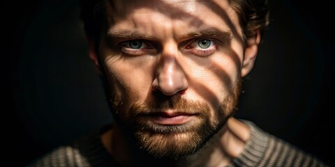 Obraz premium A close-up portrait of a man with a beard, his face illuminated by a soft, filtered light, creating an ethereal and introspective mood.